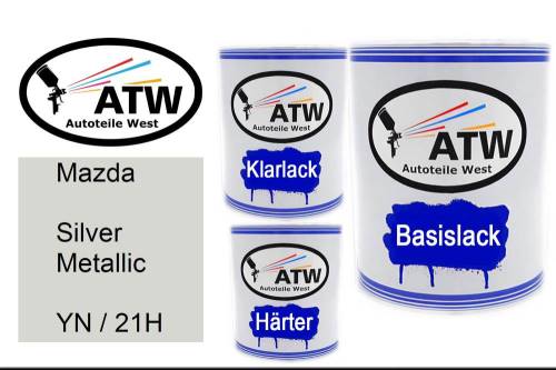 Mazda, Silver Metallic, YN / 21H: 1L Lackdose + 1L Klarlack + 500ml Härter - Set, von ATW Autoteile West.